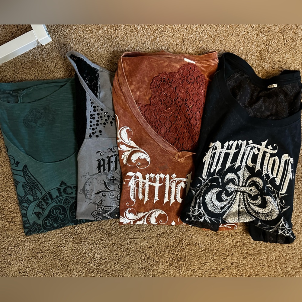 Affliction Graphic Tees in Green, Gray, Brown, and Black